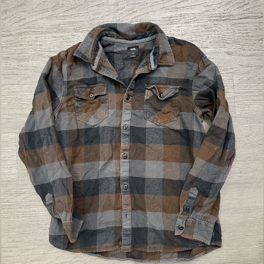 Vans Brown and Gray Plaid Button-Down Shirt